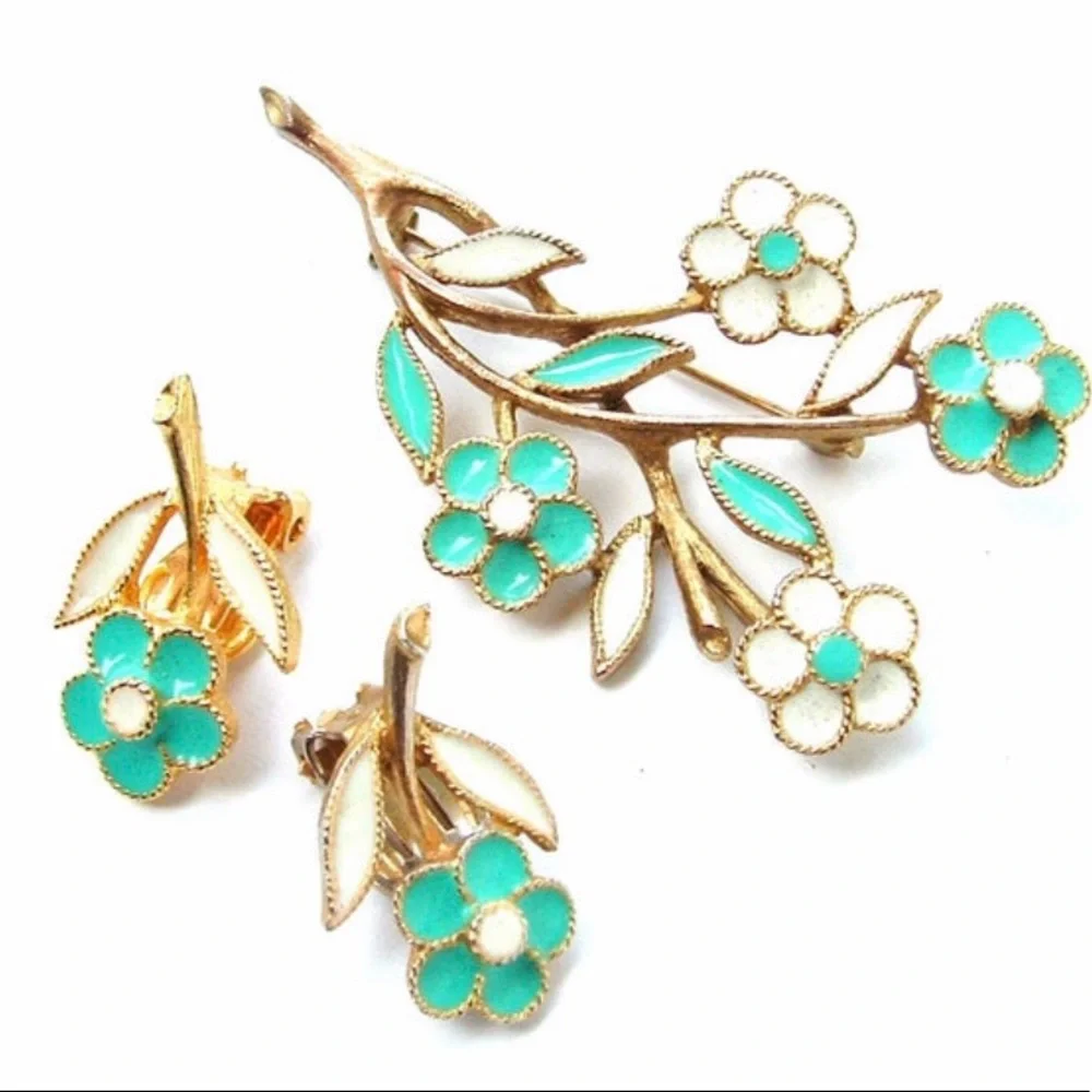 Jewelry Set Brooch Earrings White Turquoise